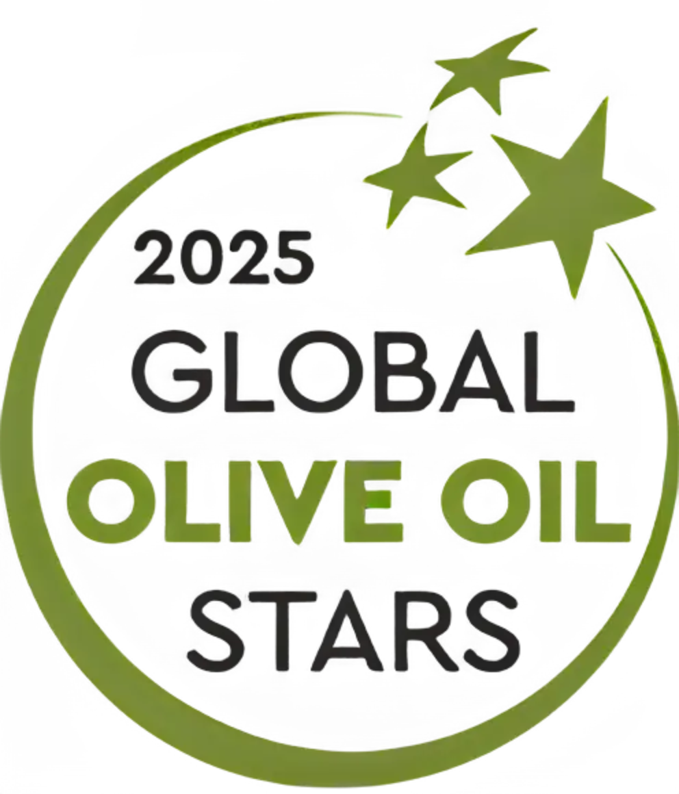 Logo for 2025 Global Olive Oil Stars event with olive green and black text on a white background.