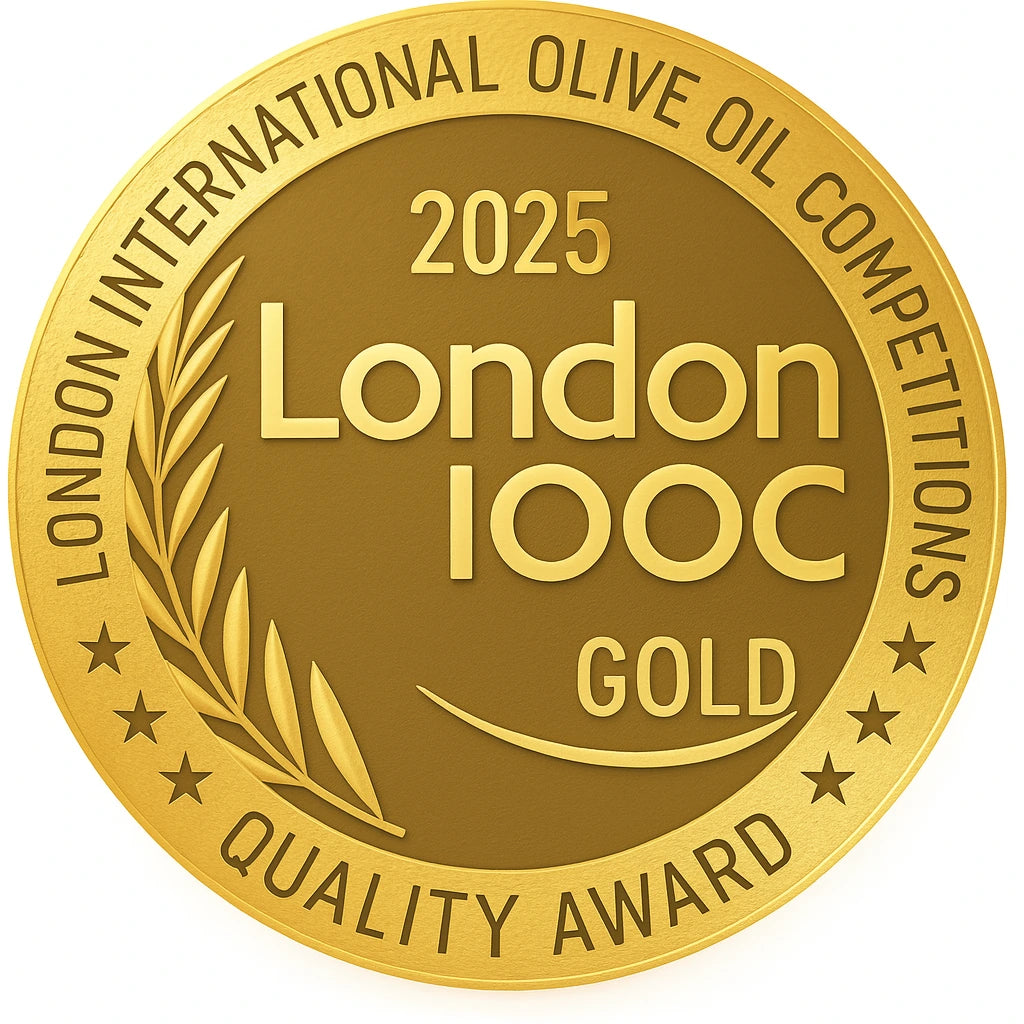 Gold medal with '2025 London International Olive Oil Competitions' text on a white background