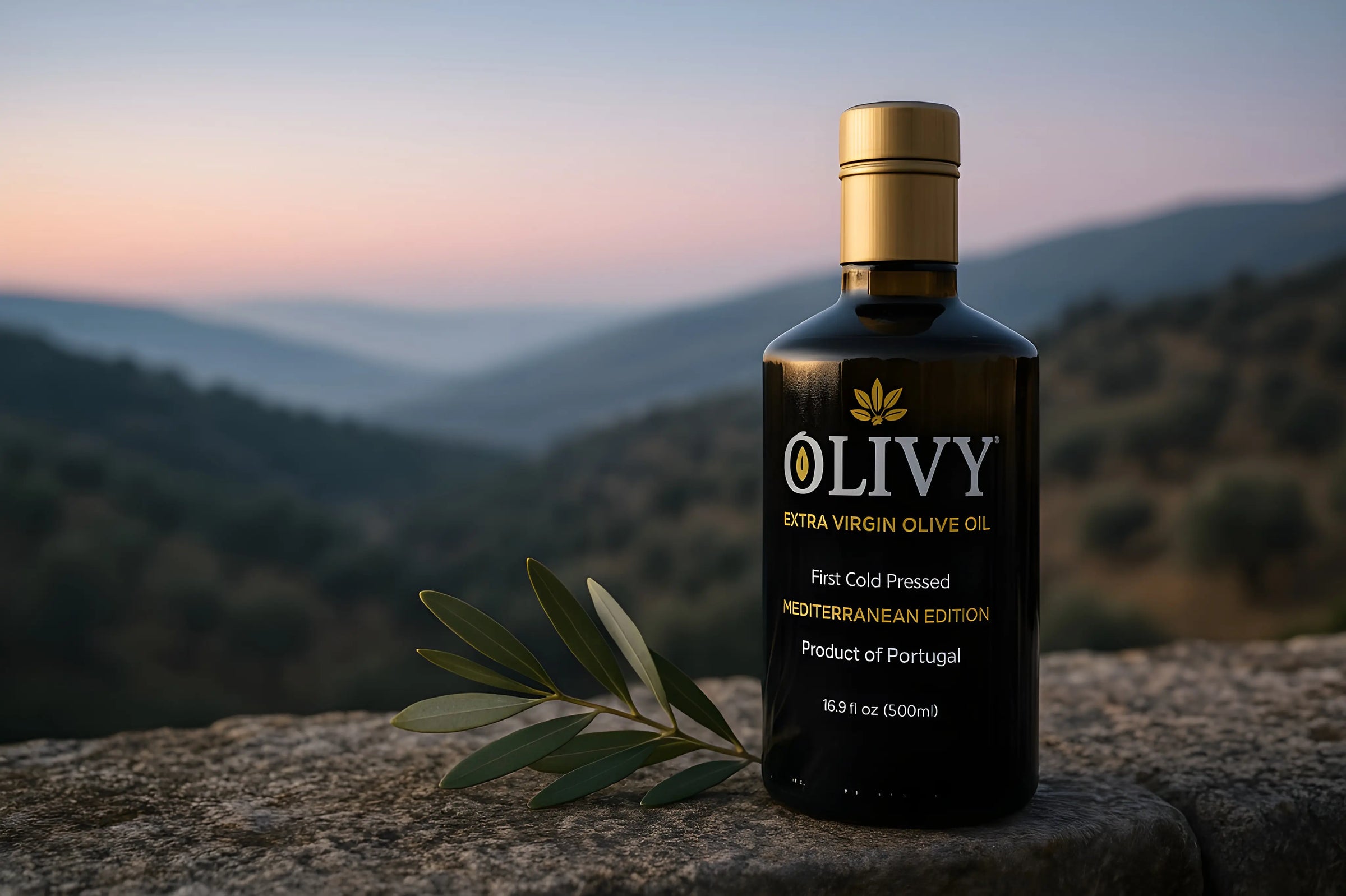 Bottle of Olivy extra virgin olive oil with a scenic background
