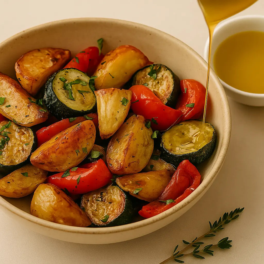 Roasted vegetables in a bowl with olive oil being drizzled over them