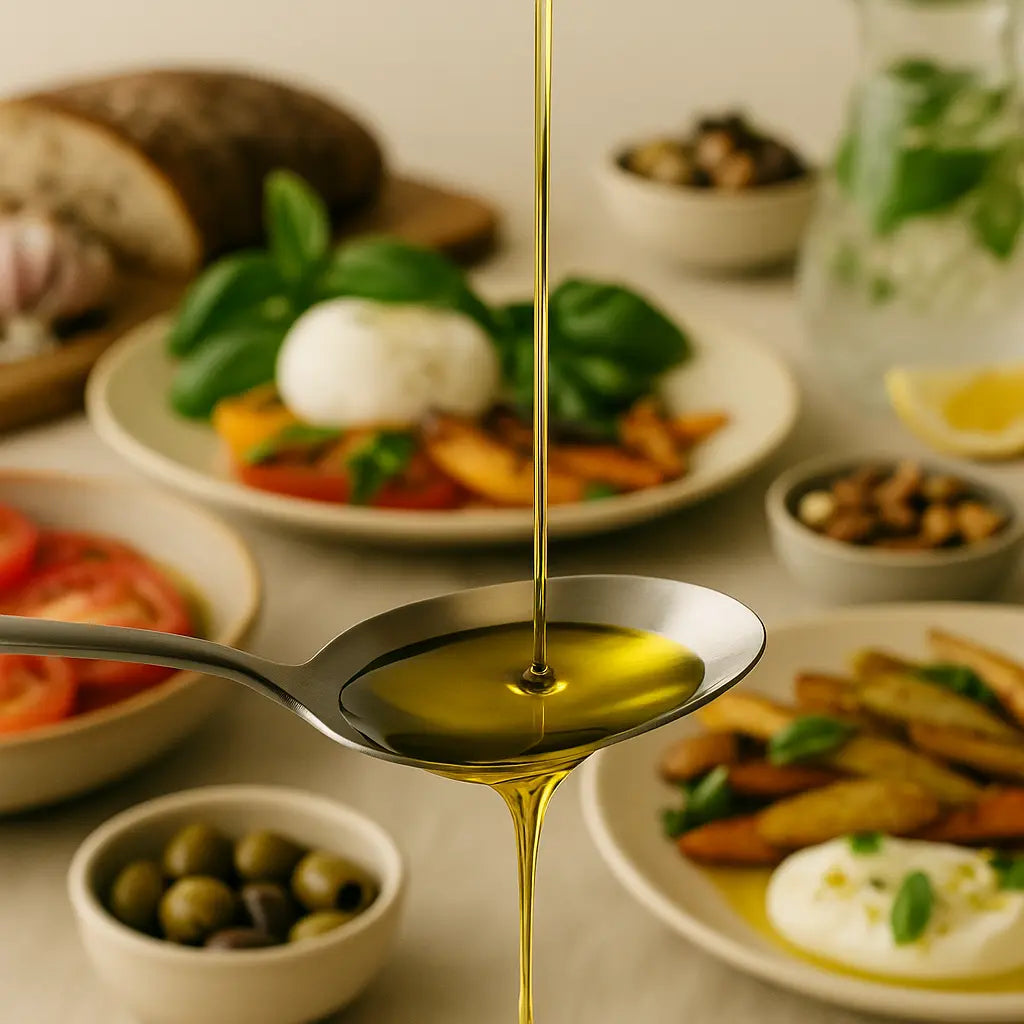 Extra Virgin Olive oil being drizzled onto a plate of food with bread, olives, and tomatoes.
