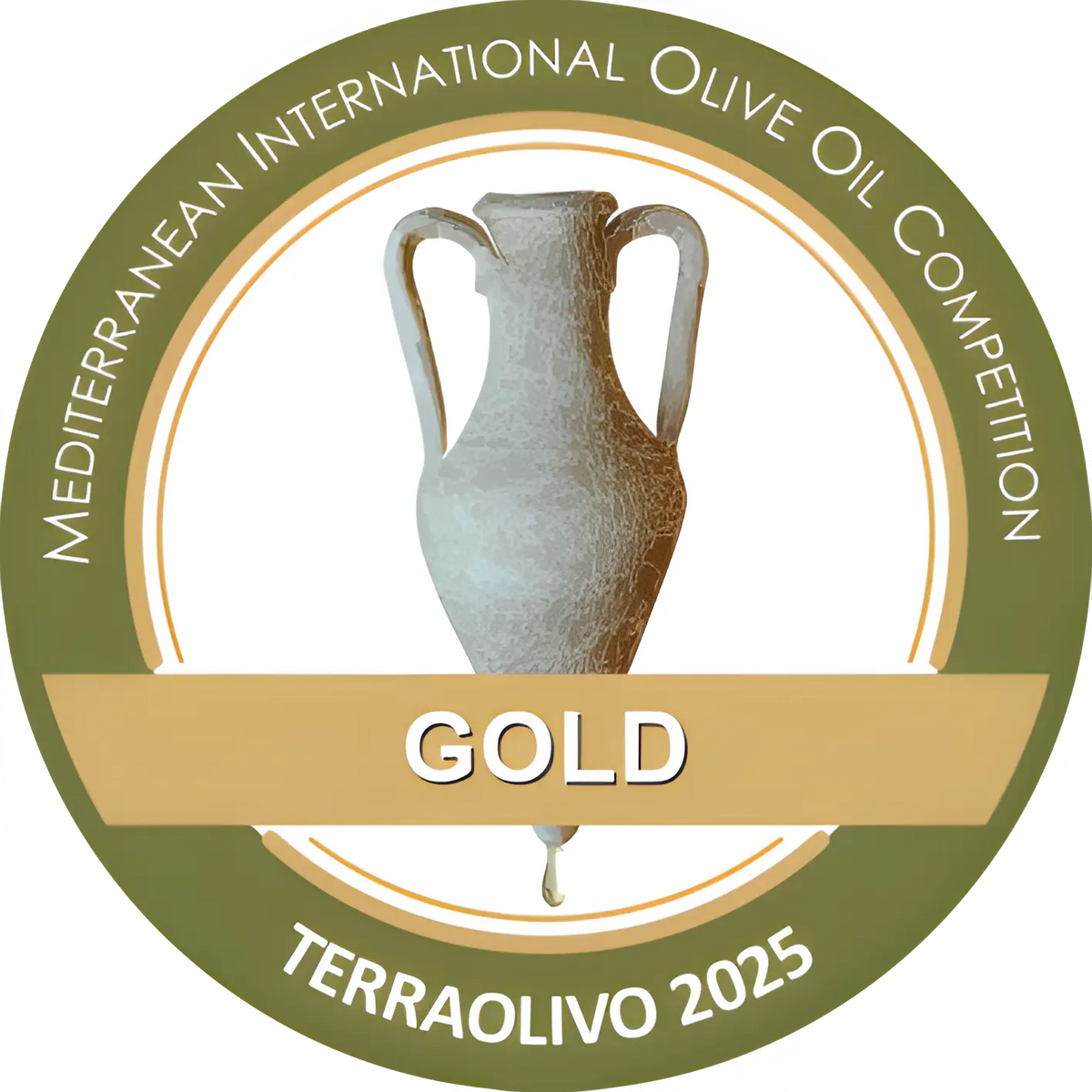 Gold medal award from Mediterranean International Olive Oil Competition for Terraolivo 2025 with an olive oil jar illustration.