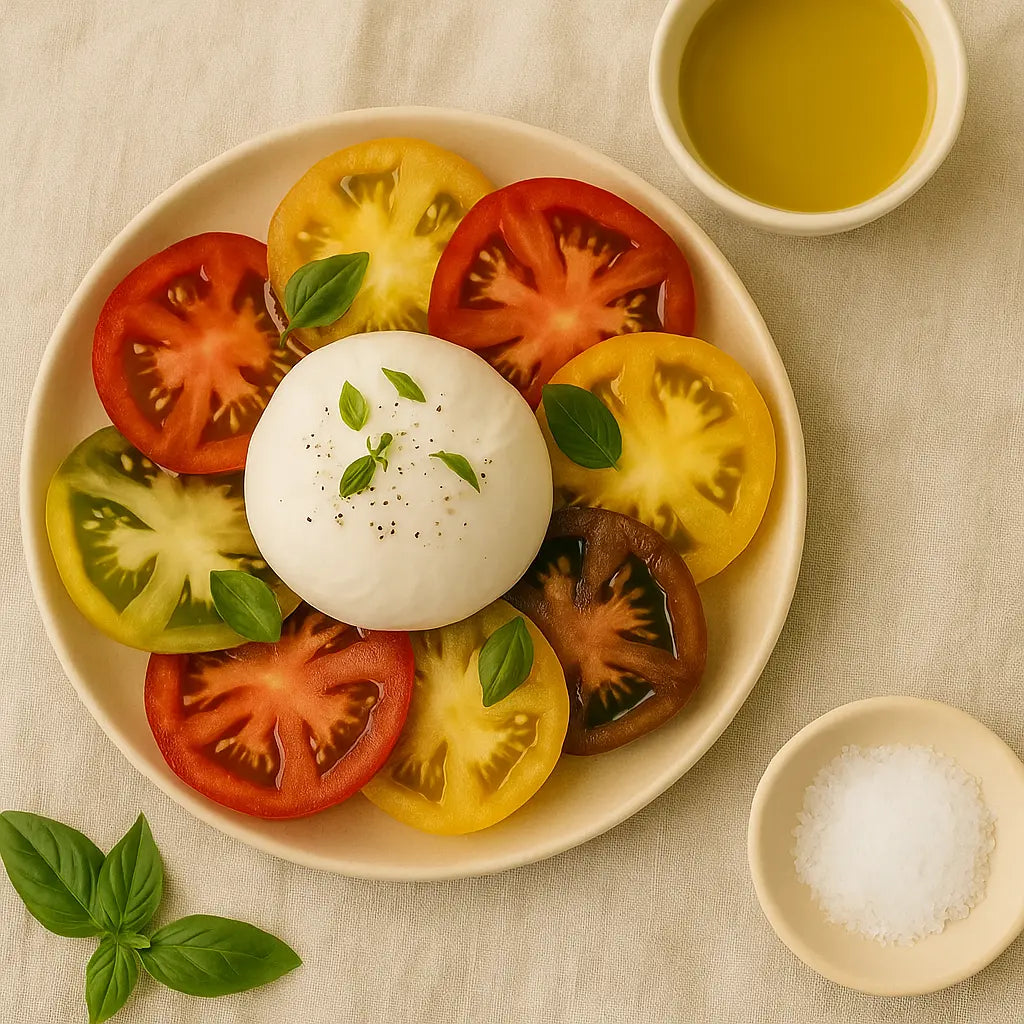 Bowl of burrata with colorful tomatoes and basil leaves on a light background
