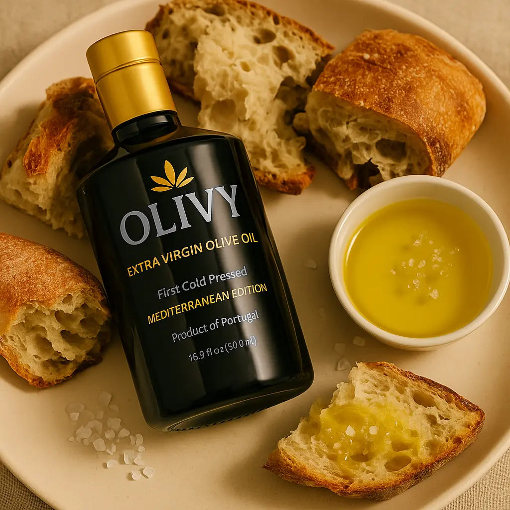 OLIVY extra virgin olive oil bottle with bread and olive oil on a plate