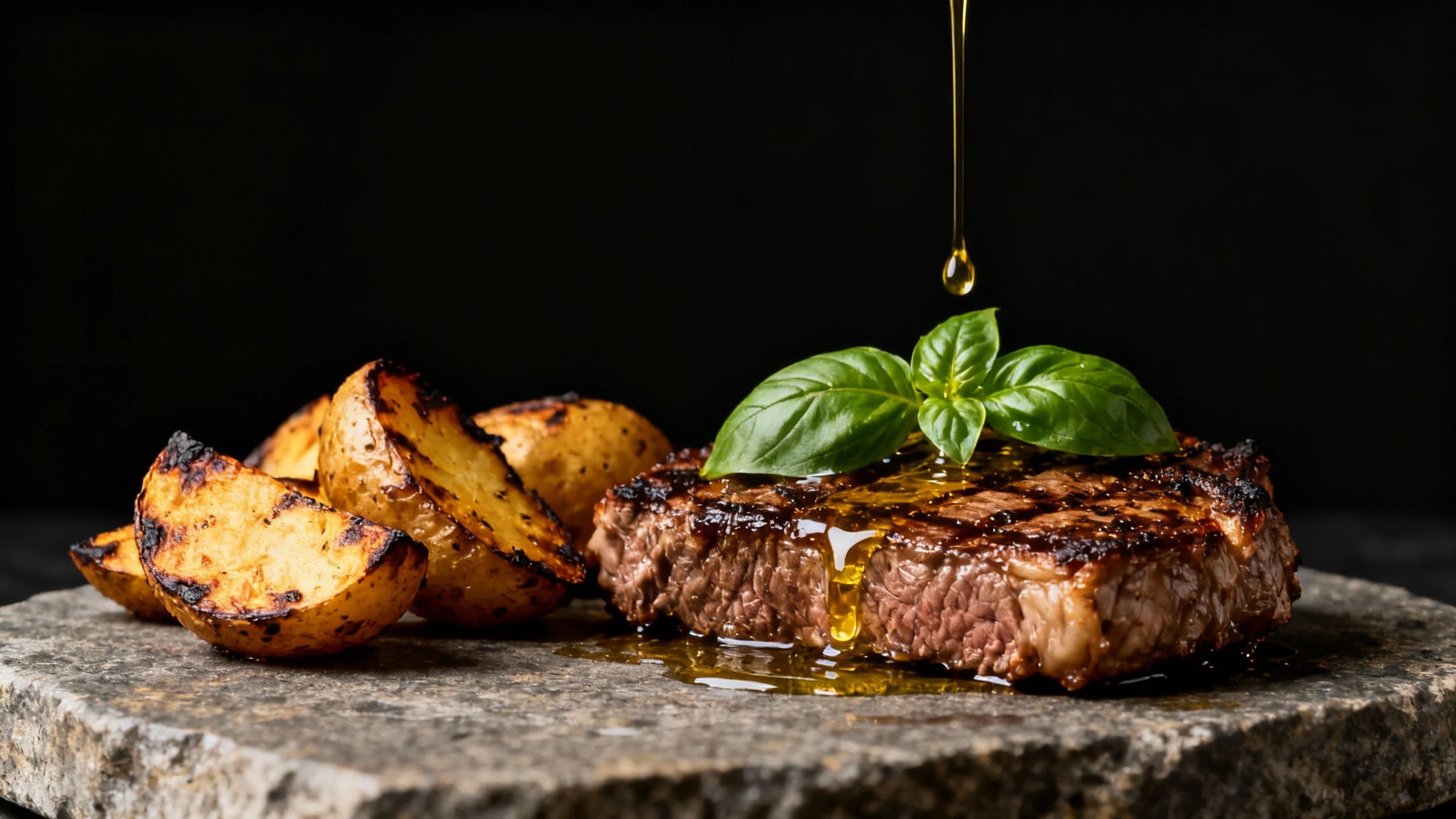 Grilled steak with basil leaves and drizzled olive oil on a dark background