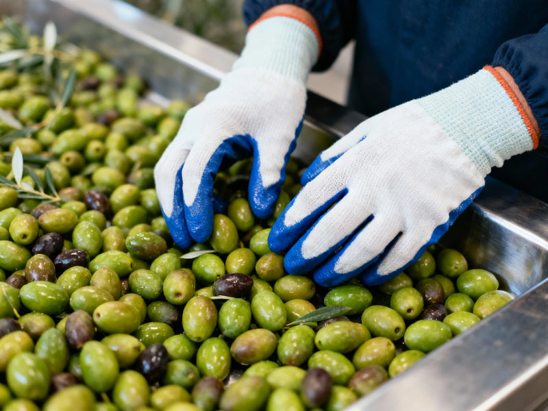 Person sorting green olives in a metal container with gloved hands.