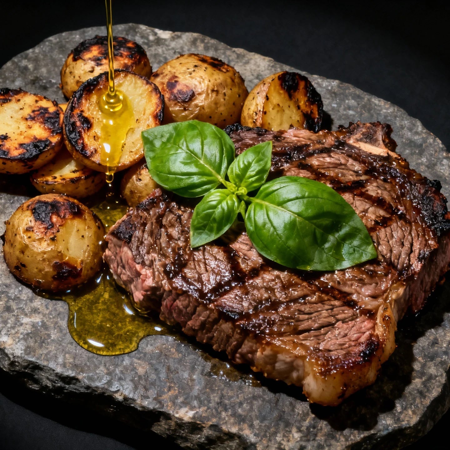 Steak with roasted potatoes and basil leaves on a stone platter with a dark background