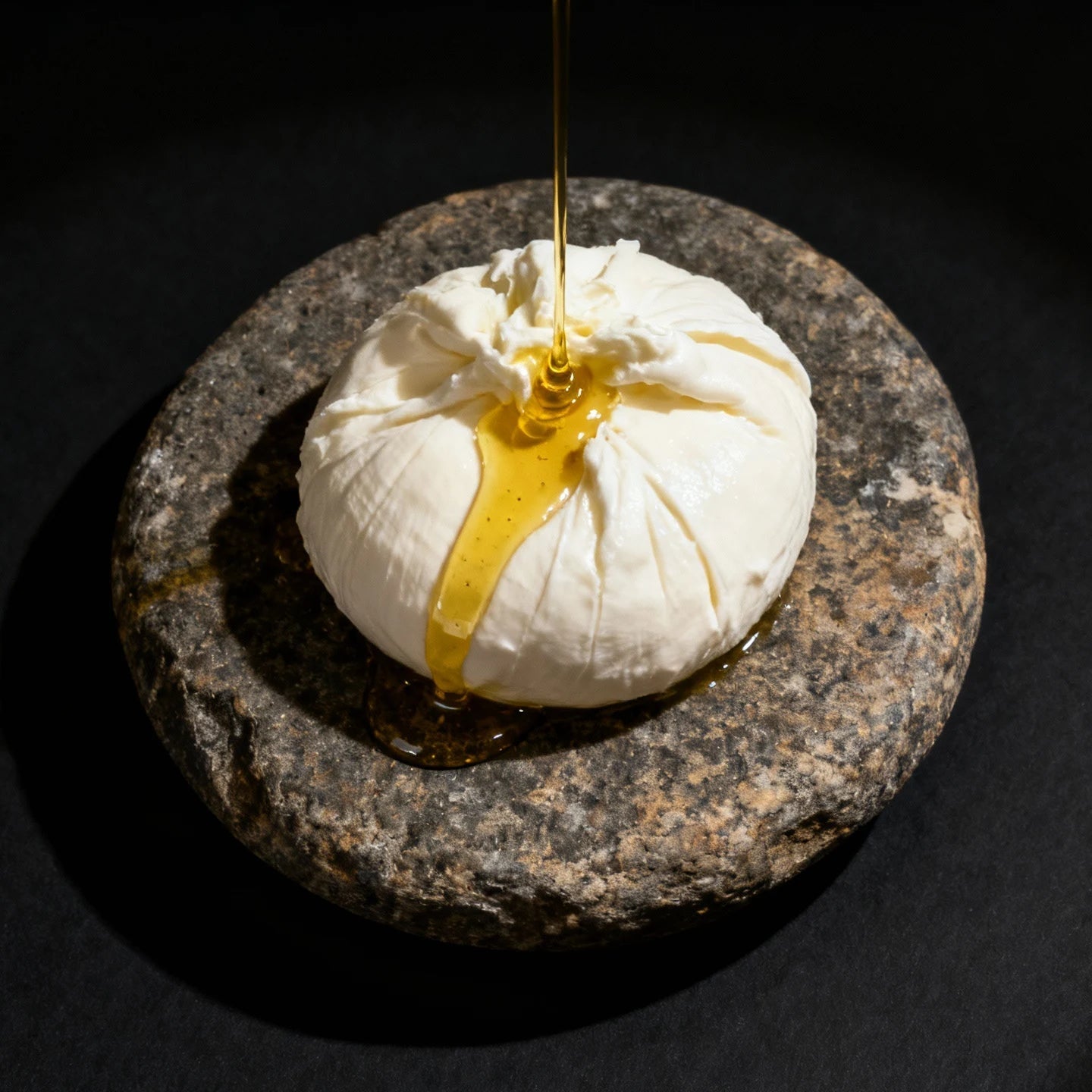 White round food item on a dark stone surface with a drizzle of oil.