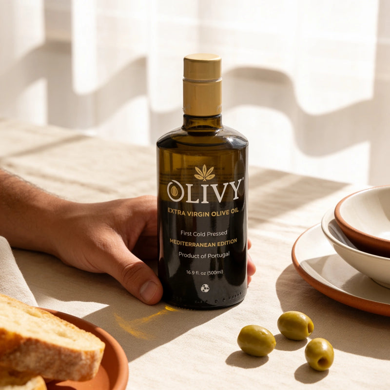 Bottle of Olivy olive oil held by a hand on a table with bread and olives.