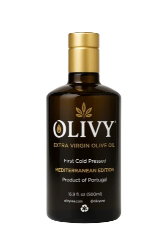 Bottle of Olivy Extra Virgin Olive Oil on a white background bottle
