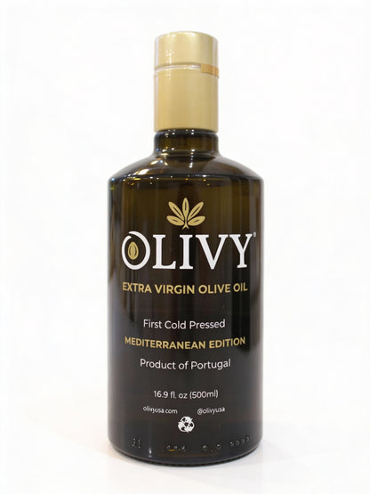 Bottle of Olivy Extra Virgin Olive Oil on a white background