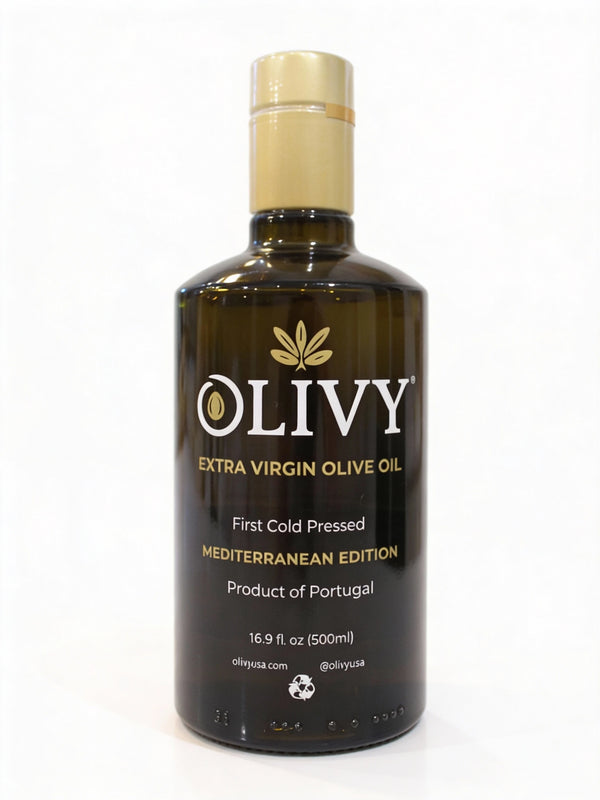Bottle of Olivy Extra Virgin Olive Oil on a white background bottle