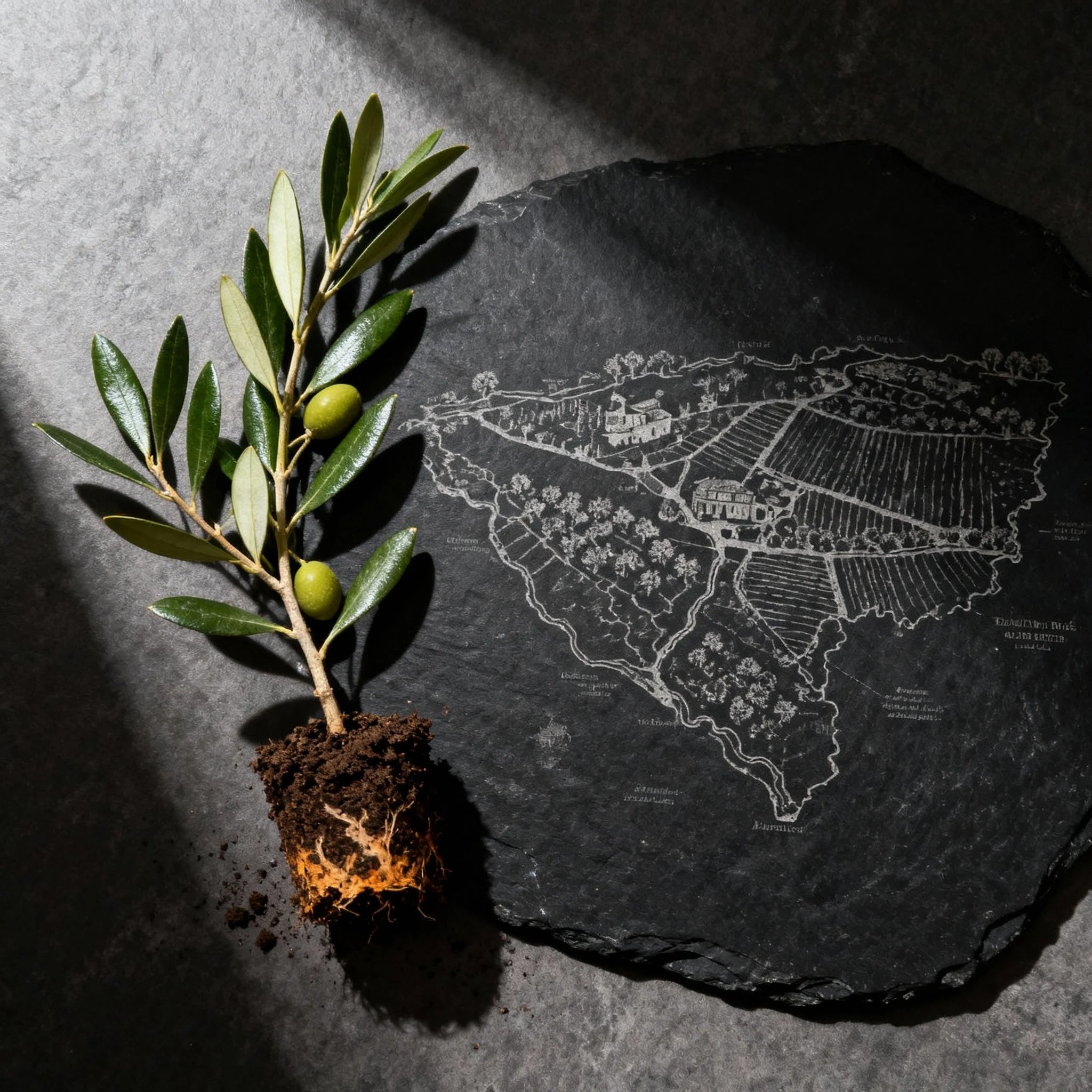 Olive branch with soil on a dark surface with an engraved map