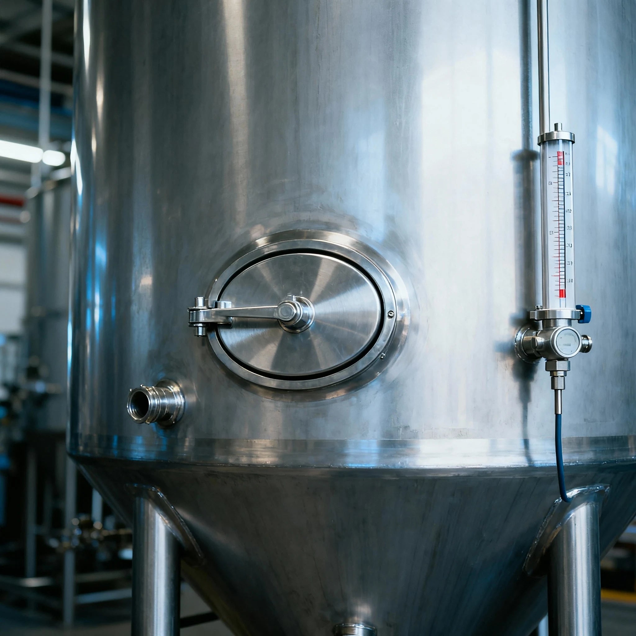 Large metallic tank with a gauge in an industrial setting