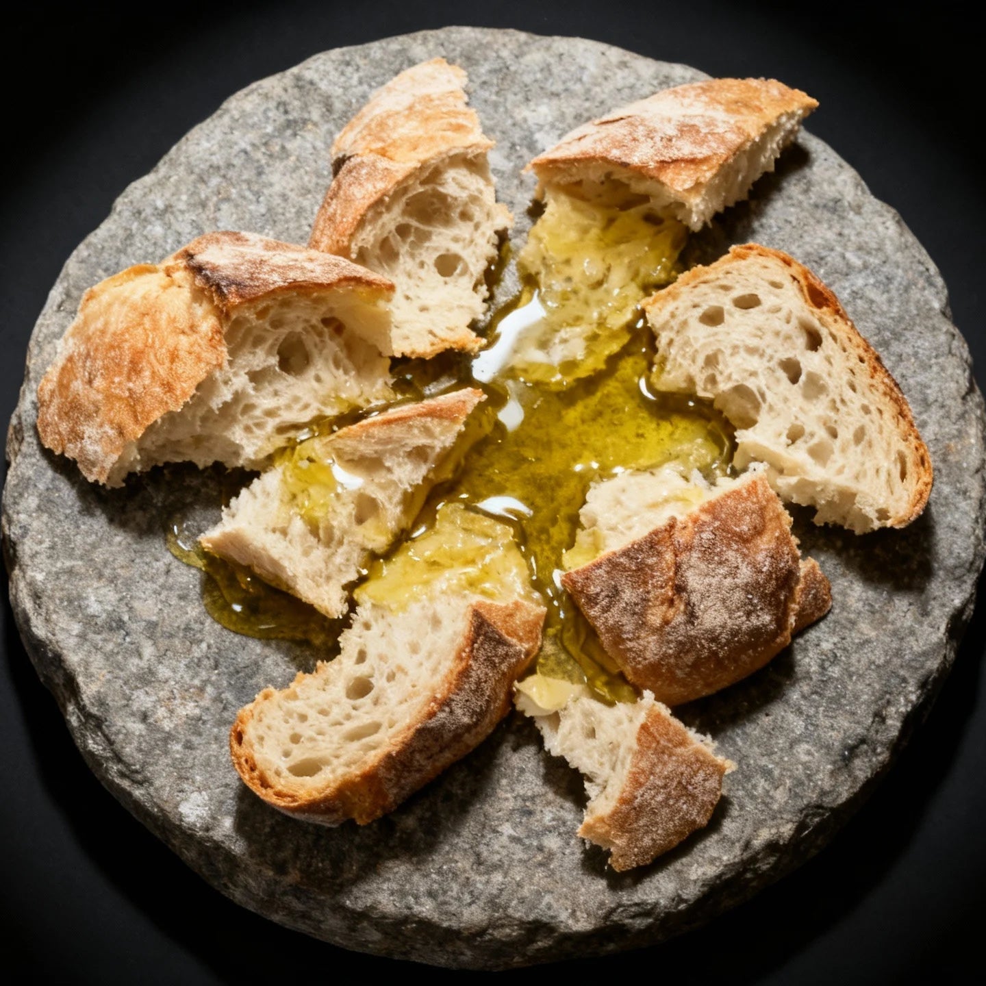Slices of bread with olive oil on a stone surface against a black background