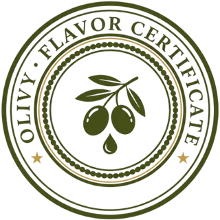 A circular olive-themed flavor certification badge with the text 'OLIVY FLAVOR CERTIFICATE' around the border and an olive branch with two olives and a drop in the center.