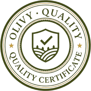 A circular olive-green and beige quality certificate emblem with the text 'OLIVY QUALITY' and 'QUALITY CERTIFICATE' surrounding a shield icon with a checkmark over stylized hills.